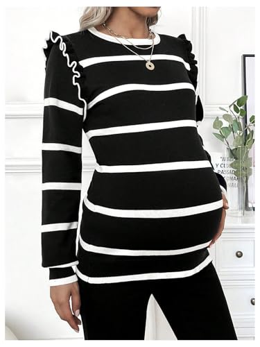 BEAUDRM Women's Maternity Sweater Striped Pattern Round Neck Long Sleeve Ruffle Tops - color: Black, size: X-Large