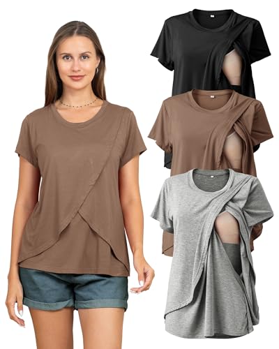 Rnxrbb 3 Pack Nursing Tops for Women Maternity Breastfeeding Shirts - color: Black&light Gray&brown, size: Medium