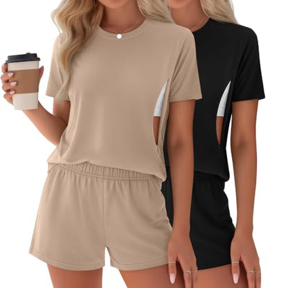 Riyiper 2 Packs Women's Nursing Pajamas Set - color: Khaki, Black, size: Large