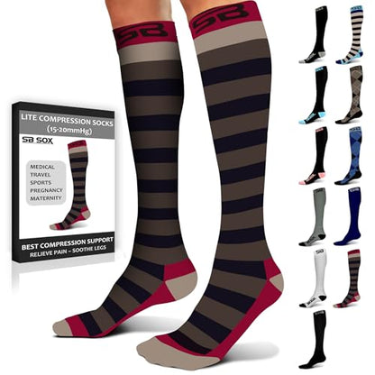 SB SOX Lite Compression Socks for Flying (15–20 mmHg) - color: Stripes - Gray/Purple, size: S/M