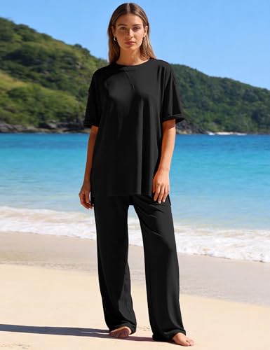 Totatuit Two Piece Sets For Women Vacation Oversized Loungewear Outfits - color: Black, size: Medium