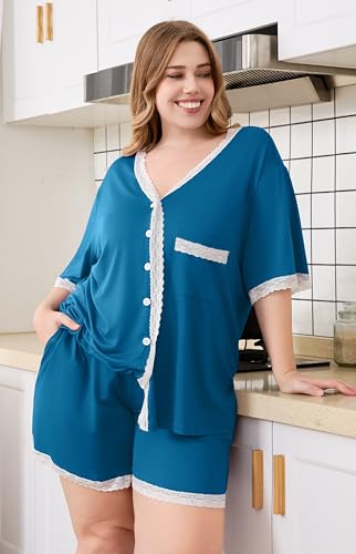 Plus Size Women Pajama Sets Button Down Lace Trim 2pcs Nightwear - color: Peacock Blue, size: XX-Large
