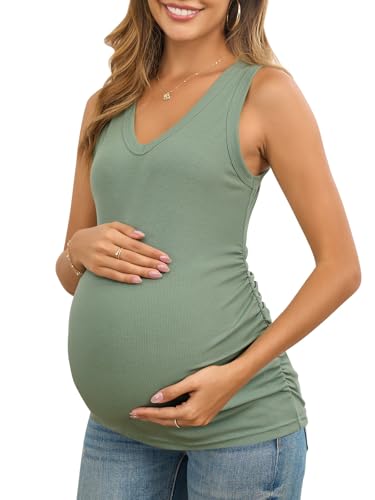 FMEYOA Maternity Tank Tops V Neck Ribbed Knit Sleeveless Maternity Shirts - color: Light Green, size: Medium