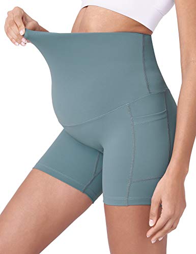 POSHDIVAH Maternity Biker Shorts Over the Belly with Pockets 5"/8" - color: Light Green, size: Large