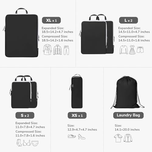 CherryNow 7 Set Compression Travel Packing Cubes for Suitcases, Black - color: Black