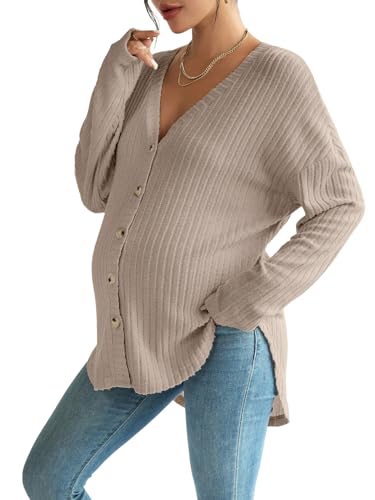 COZYEASE Women's Maternity Button Down Shirt Casual Cardigan Fall Sweaters - color: Pure Brown, size: X-Small