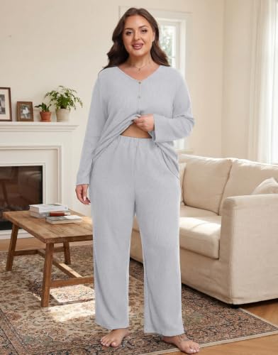 Plus Size Pajama Set for Women Long Sleeve Loose Fit Loungewear - color: Light Gray, size: 3X-Large Plus