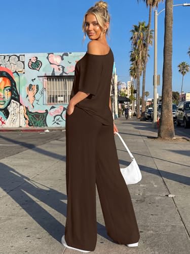 Trendy Queen Womens 2 Piece Lounge Sets Matching Comfy Outfits Clothing - color: Brown, size: Medium