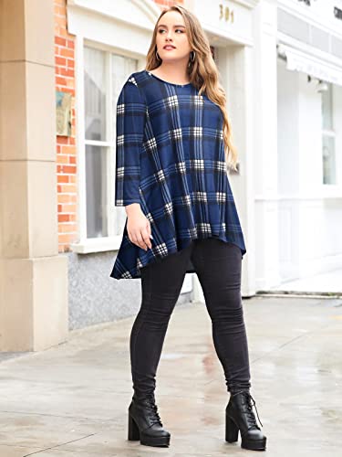 LARACE Womens Plus Size 3/4 Sleeve High Low Swing Tunic Tops - color: 1-navyblue_plaid, size: 4X