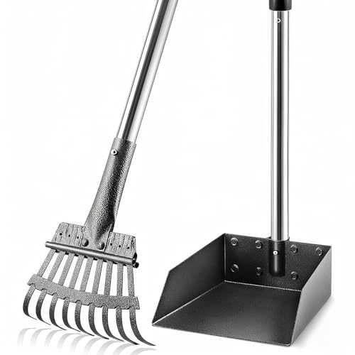 Pooper Scooper, Long Handle Pet Supplies with Stainless Metal Tray and Rake - color: Silver, size: Medium