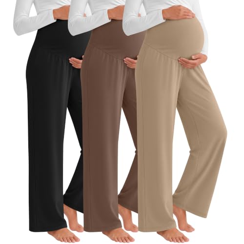 3 Pack Women's Maternity Lounge Pants Soft Sweatpants - color: Khaki, Coffee, Black, size: Small