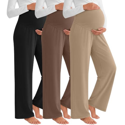 3 Pack Women's Maternity Lounge Pants Soft Sweatpants - color: Khaki, Coffee, Black, size: Medium