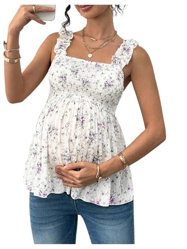 SweatyRocks Women's Maternity Tank Tops Floral Babydoll Blouse Shirts Top - color: White Purple, size: X-Large