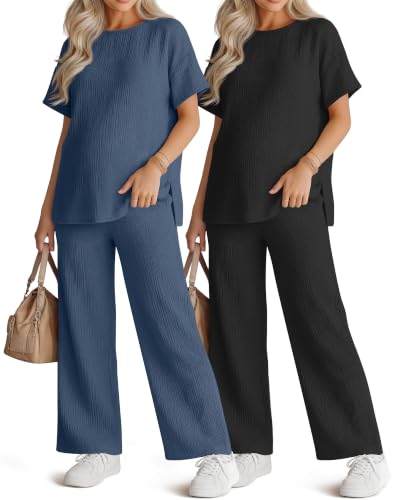 Ficerd 4 Pcs 100% Cotton Muslin Maternity Pajamas Lounge Sets - color: Blue, Black, size: Medium