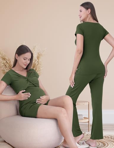 3-Piece Maternity Nursing Pajamas Set for Pregnancy & Postpartum - color: Army Green, size: XX-Large