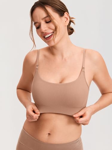MOMANDA Ribbed Nursing Bras for Breastfeeding - color: Gravel Beige, size: Small