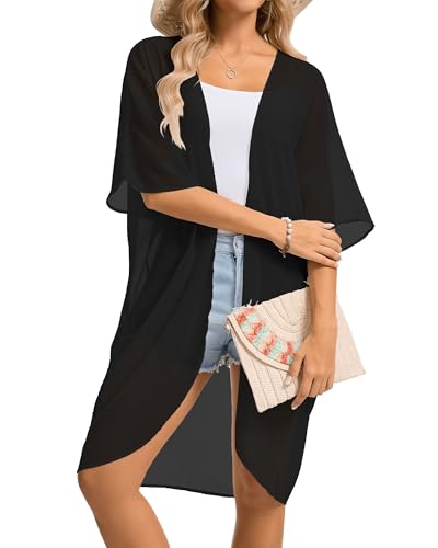 Kimonos for Women Swimsuit Coverup Beach Casual Outfits Summer Cardigans - color: Black, size: Medium