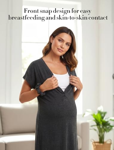 PATPAT Maternity Labor and Delivery Gown, Womens Hospital Gown with Pockets - color: Dark Heather Gray, size: Medium (Fit S/M)