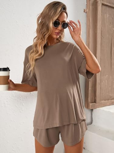 Verdusa Women's Maternity Pajama Set 2 Piece Drop Shoulder Top and Short Lounge Sets - color: Dark Brown, size: Medium