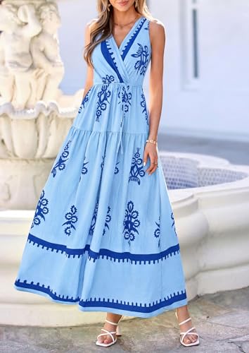 PRETTYGARDEN Womens Sleeveless Maxi Dress V Neck Floral Boho Beach Outfits - color: Blue, size: Medium
