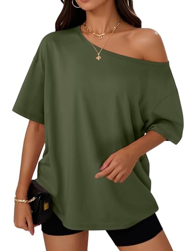 Trendy Queen Womens Off the Shoulder Tops Oversized Summer T-Shirts 2026 - color: Armygreen, size: Small