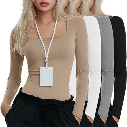Xaatren 4 Pack Women's Underscrub Shirts Long Sleeve Tops - color: Black, Light Gray, White, Khaki, size: Medium