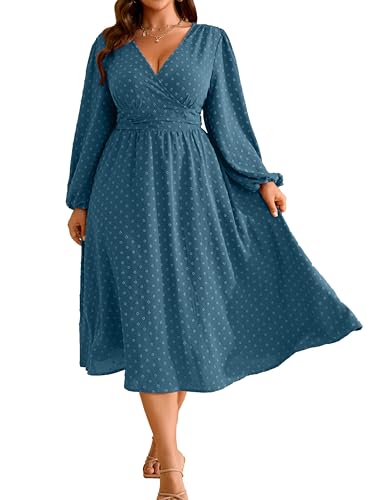 RWJ Women's Plus Size Fall Wedding Guest Dress V Neck Swiss Dot Long Sleeve - color: Dusty Blue, size: 3X-Large Plus