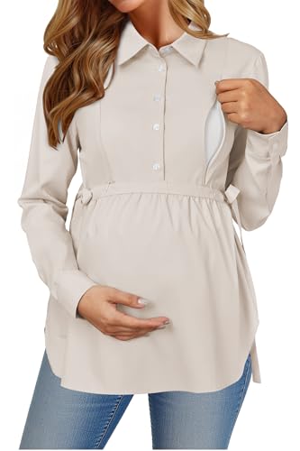 OUGES Women's Maternity Nursing Shirts Long Sleeve Hidden Zippers Pregnancy Blouse Button Down Work Office Tops 2025 - color: Apricot, size: X-Large