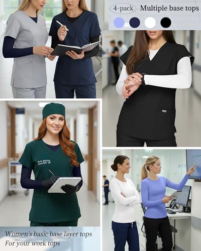 4 Pack Womens Crew Neck Long Sleeve Underscrub Shirts - color: Black, White, Navy Blue, Ceil Blue, size: Medium