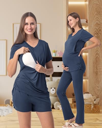 Rnxrbb 3 Piece Maternity Nursing Pajamas Set for Women Postpartum Pjs - color: Navy, size: Medium