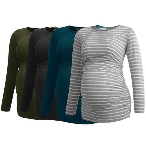Smallshow Women's 4 Pack Maternity Shirts Long Sleeve - color: Army Green-black-teal-light Grey Stripe(4 Pack), size: Small