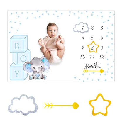 Blue Little Stars Cute Elephant Baby BOY Monthly Milestone Blanket