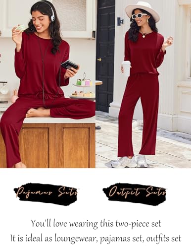 Ekouaer Lounge Sets for Women Long Sleeve Pajamas Fall Loungewear - color: Wine Red, size: Small