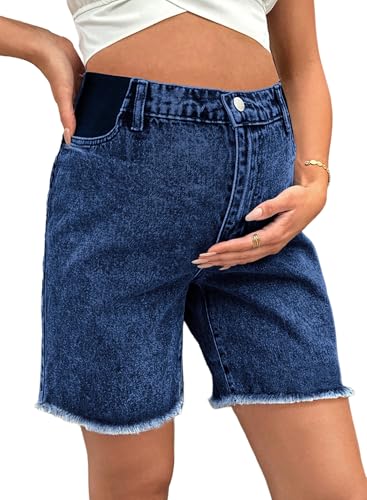 BLENCOT Maternity Jeans Bermuda Shorts Elastic Waist Raw Hem - color: Dusk Blue, size: Medium