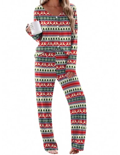 Ekouaer Womens Pajama Sets Button Up Long Sleeve Lounge Set Soft V Neck Pj - color: Chrismas Deer, size: Medium