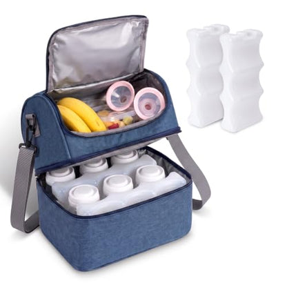 Breast Pump Bag with 2 Ice Packs Insulated Tote with Shoulder Strap - color: Blue