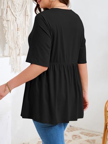 Beautife Womens Plus Size Babydoll Tops Summer Peplum Flowy Tunic Blouses - color: Black, size: 3X-Large Plus