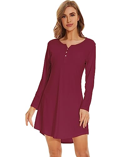 WiWi Women's Viscose from Bamboo Nightgown Long Sleeve Nightshirt Soft Sleep Dress Loose Comfy Pajama Sleepwear S-XXL - color: A-wine, size: Large