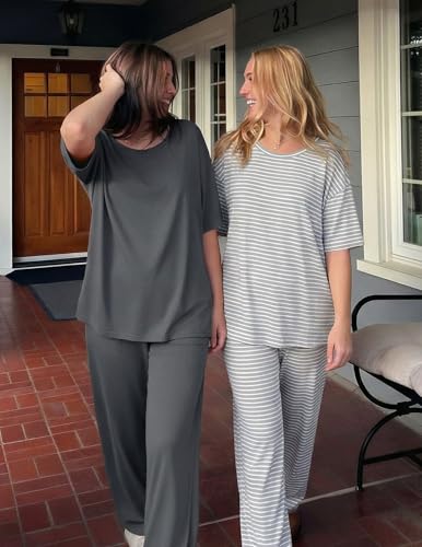 Ekouaer 2 Pack Womens Pajamas Sets Short Sleeve Long Pants Pjs Lounge Set - color: Dark Grey/Grey Striped, size: Small