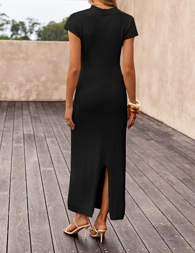 ZESICA Womens Bodycon Knit Short Sleeve Sweater Maxi Dress - color: Black, size: Large