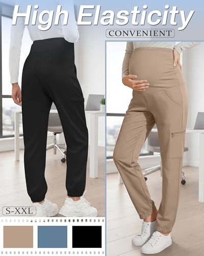 3 Pack Maternity Scrub Cargo Jogger Pants - color: Black, Haze Blue, Khaki, size: Small