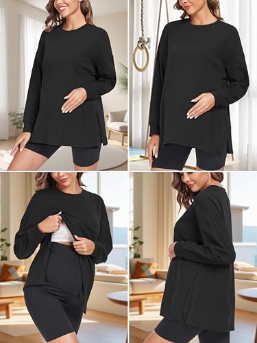 Ecavus Women's Maternity Shirts Long Sleeve Side Split Pregnancy Top - color: Apricot+grey+black, size: XX-Large