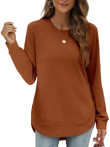 OFEEFAN Womens Sweatshirt Crewneck Long Sleeve Shirts High Low Tops Curved Hem - color: D-caramel, size: Small