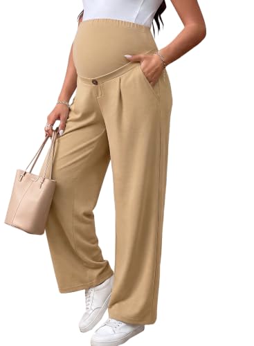 BLENCOT Maternity Pants Over Belly Stretchy Wide Leg Work Trousers - color: Camel, size: Small
