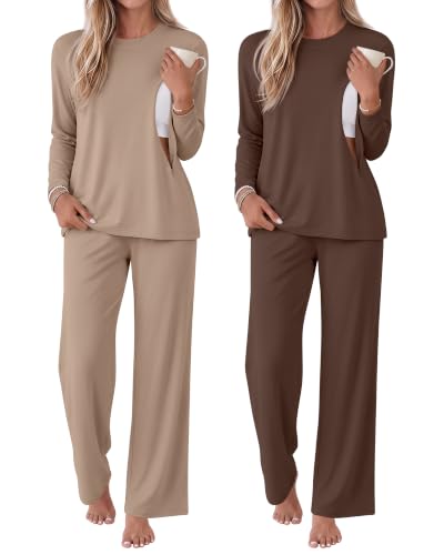 2 Pack Maternity Nursing Pajamas Postpartum Sets - color: Khaki, Coffee, size: X-Large