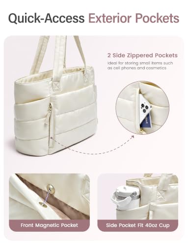 Uselike Tote Bag for Women with Zipper, Quilted Puffer Tote Bag with Compartments, Lightweight Puffy Work Bags for Women - color: Beige