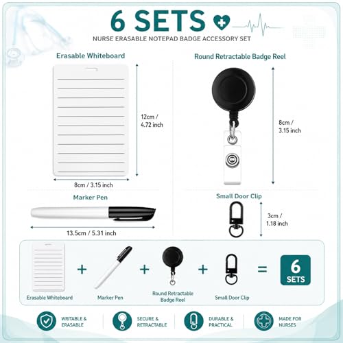 Lincia 6 Sets Nurse Badge Notepad, Retractable Dry Erase Board with Marker - color: Black, style: Lined