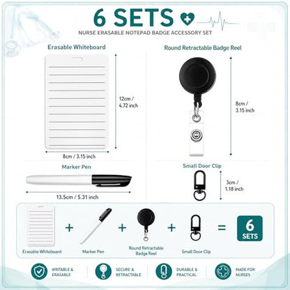 Lincia 6 Sets Nurse Badge Notepad, Retractable Dry Erase Board with Marker - color: Black, style: Lined