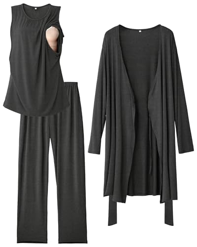 Rnxrbb 3 PCS Nursing Pajamas Robe Set Maternity Postpartum Pjs for Hospital - color: Deep Gray, size: Large