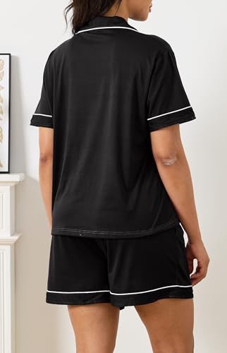Vopmocld Women Pajama Shorts Sets Cozy 2pcs Button Down Sleepwear Solid PJS - color: Black, size: Medium